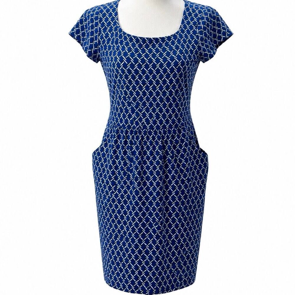 J.Mclaughlin Womens Blue Short Cap Sleeve Pockets Geometric Sheath Dress Small